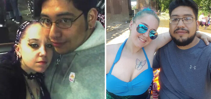 Side-by-side then-and-now photo of a couple showing nostalgic changes over time from an online community.