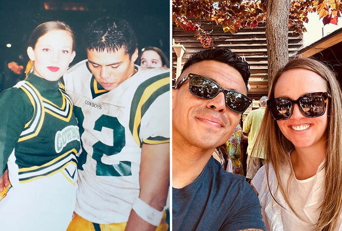 Side-by-side then-and-now photos of a couple showing nostalgic moments and how time flies over the years