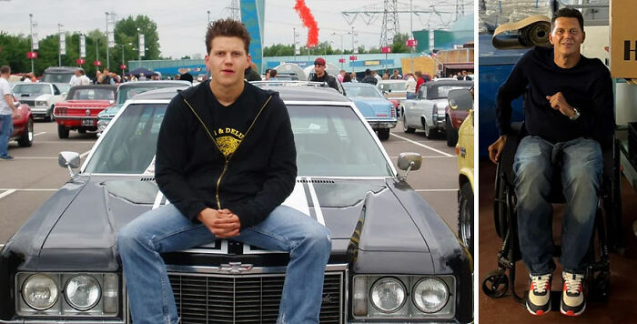 Young man sitting on a classic car at a car show, paired with a recent photo of him in a wheelchair, showing time flies.