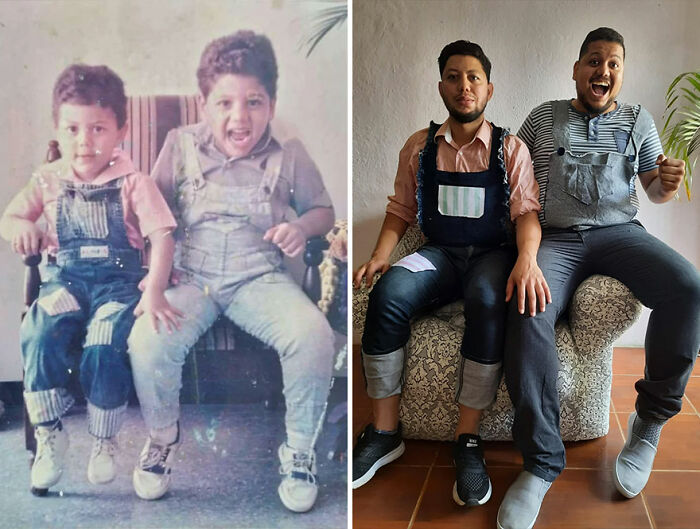 Two brothers wearing overalls, posing then and now, showcasing nostalgic then-and-now photos of growing up and time flying.