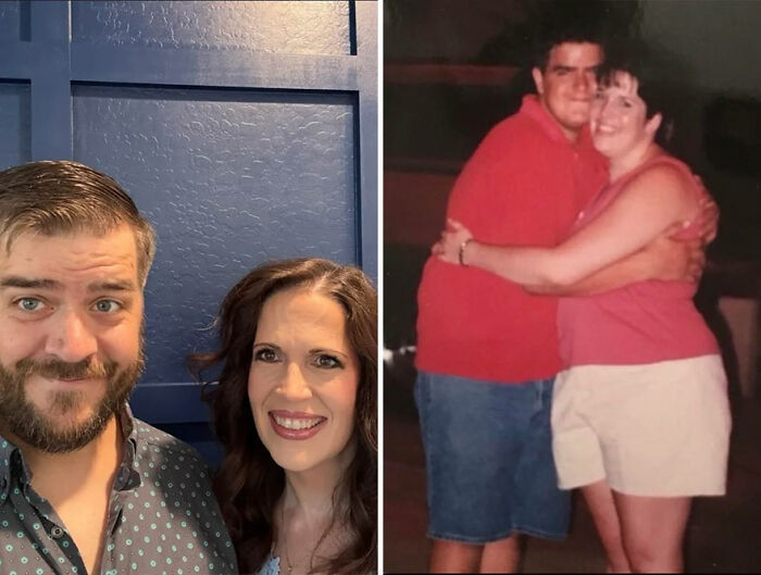 Then and now photo of a smiling couple showing how time flies with visible changes over the years.