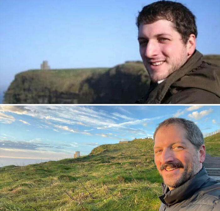 Side-by-side then and now photos of a man at a grassy cliff, showcasing nostalgic moments and how time flies.