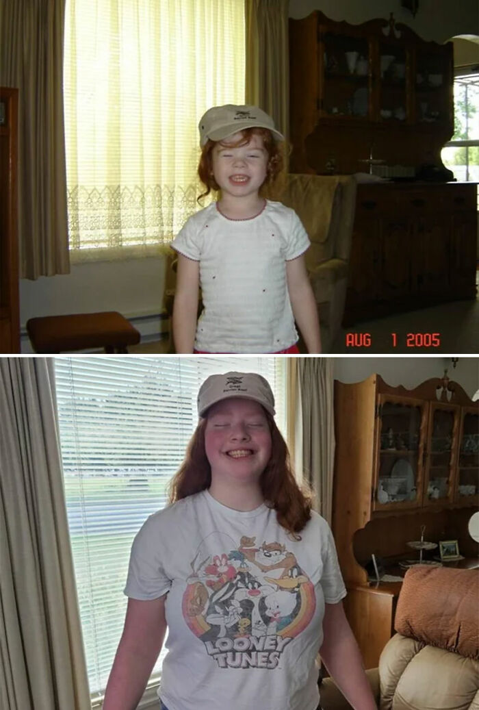 Then-and-now photo of a girl in the same room wearing a cap, showcasing nostalgic moments as time flies.