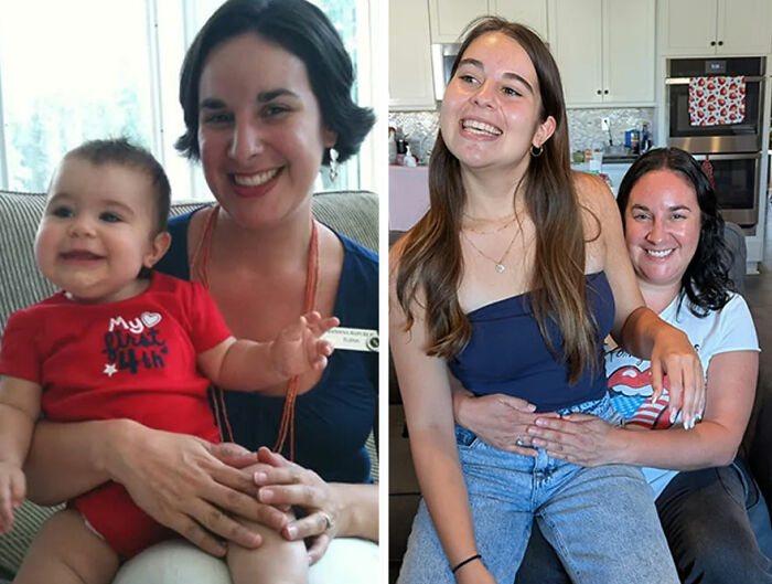 Side-by-side then and now photos of a mother and daughter showcasing nostalgic moments and how time flies.