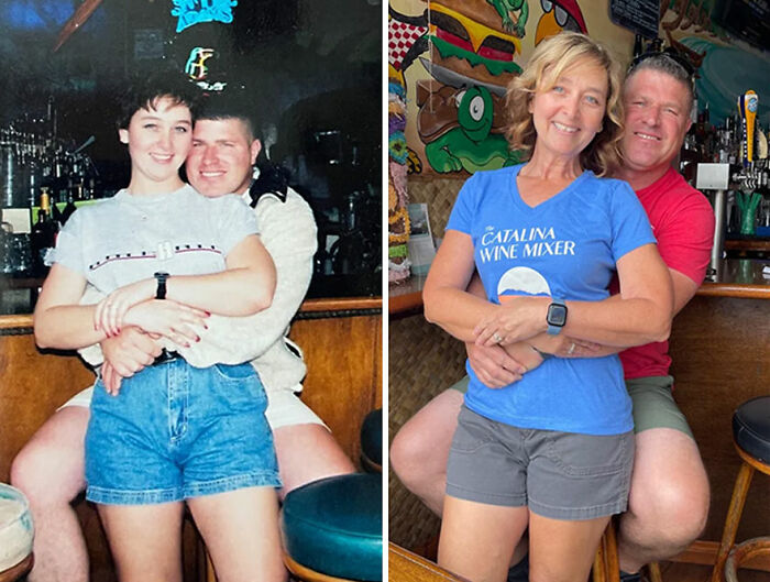 Couple posing in two nostalgic then-and-now photos at a bar, illustrating how time flies in this online community.