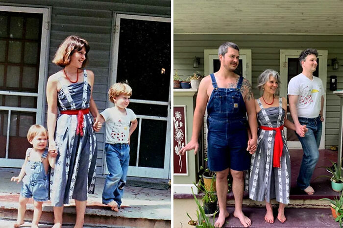 Nostalgic then-and-now photo of a family standing on a porch, showcasing how time flies with changing outfits and ages.