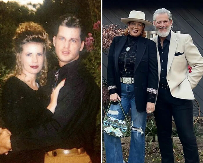 Side-by-side then and now photos of a couple showcasing nostalgic moments and how time flies over the years.