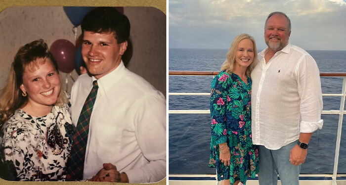 Side-by-side then-and-now photos of a smiling couple showcasing nostalgic moments and how time flies shared by an online community.