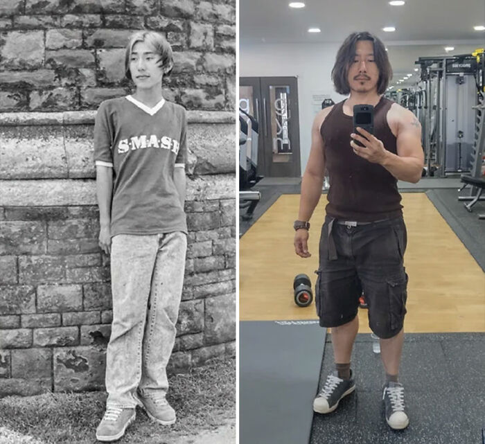 Side-by-side then-and-now photos of a man showing nostalgic transformation and how time flies with fitness progress.