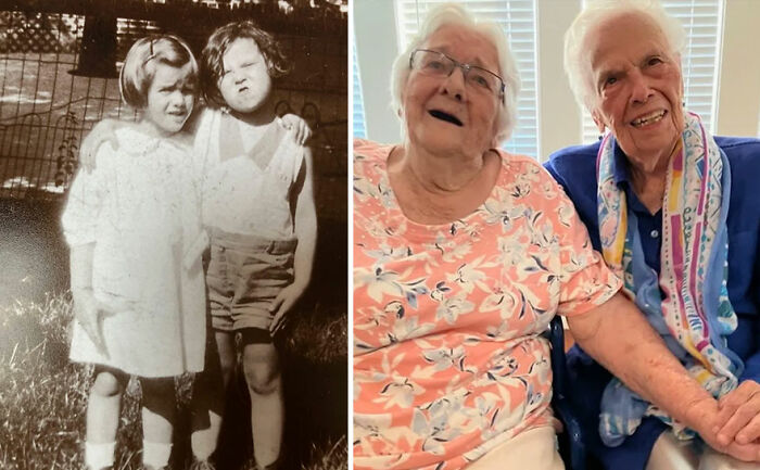 Side-by-side nostalgic then-and-now photos showing two friends as children and as elderly women, illustrating how time flies.