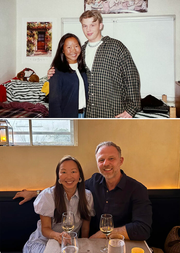 Then-and-now nostalgic photos of a couple showing how time flies, shared by an online community with wine and smiles.