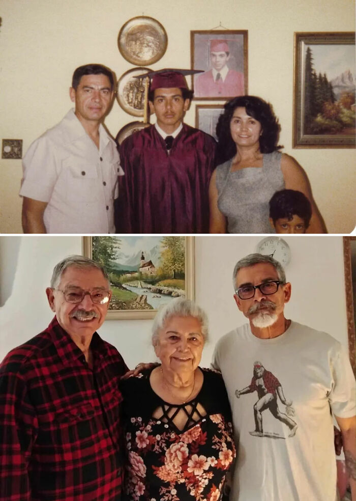 Nostalgic then-and-now photos showing family growth and change, illustrating how time flies through the years.
