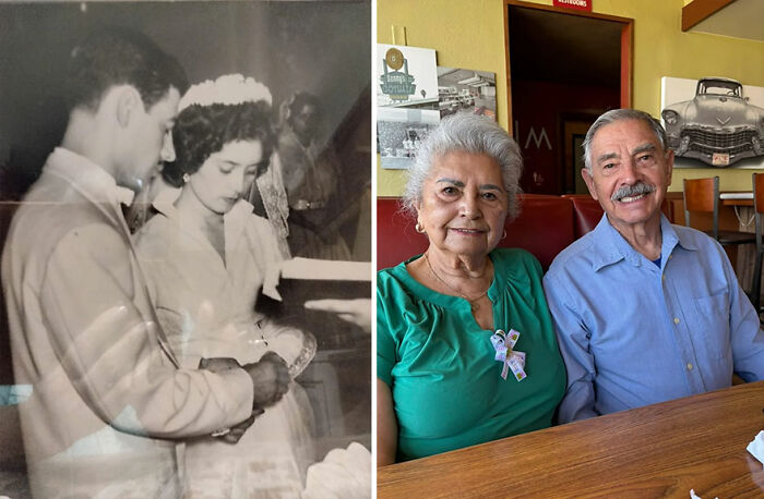 Side-by-side then-and-now nostalgic photos of a couple showcasing how time flies and changes over the years.