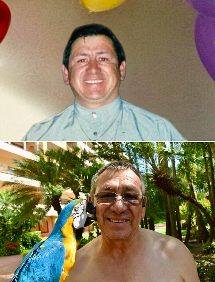 Side-by-side then and now photos of a smiling man with balloons and later with a parrot in a tropical setting, nostalgic.