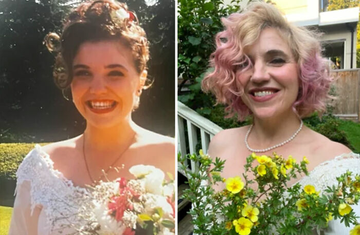 Side-by-side then and now photos of a woman in a wedding dress holding flower bouquets, showing how time flies.