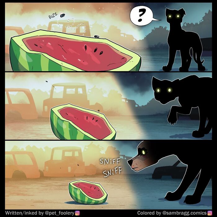 Black cat and dog with glowing eyes investigating watermelon slice with buzzing flies in a pet foolery comic style.