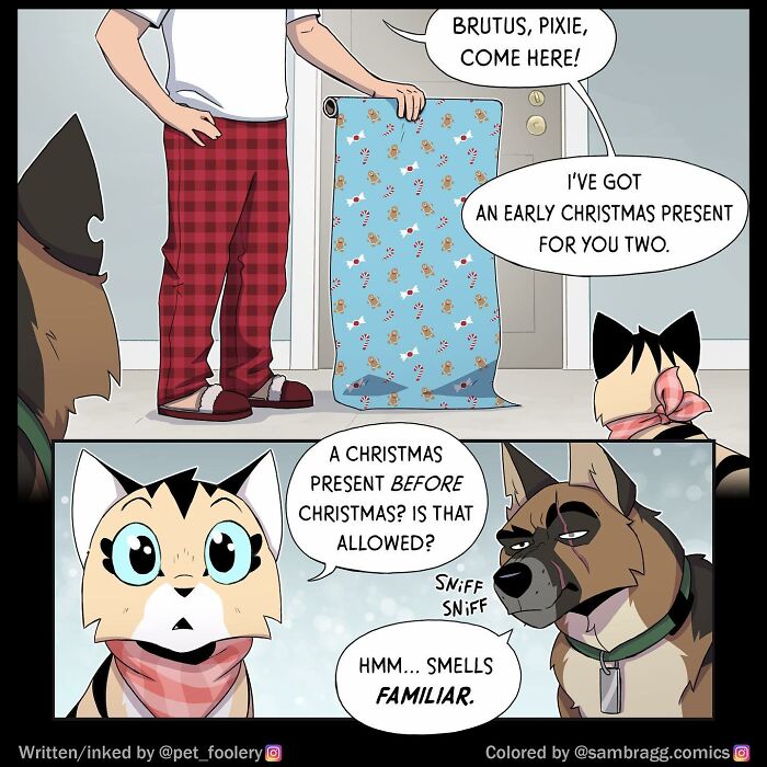 Comic scene from Pet Foolery showing a person with a wrapped present and pets reacting with curiosity and excitement.
