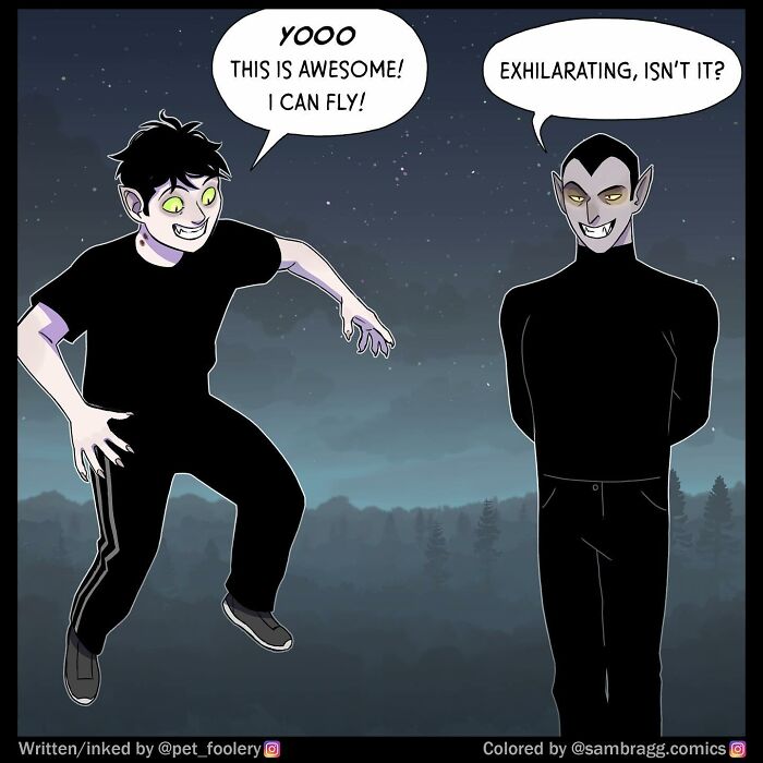 Two dark-clad characters with glowing eyes in a night scene, with one excitedly saying he can fly in a comic style.