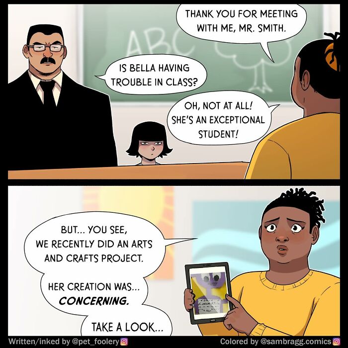 Comic panel showing a parent-teacher conference with a teacher discussing a student’s concerning arts and crafts project.