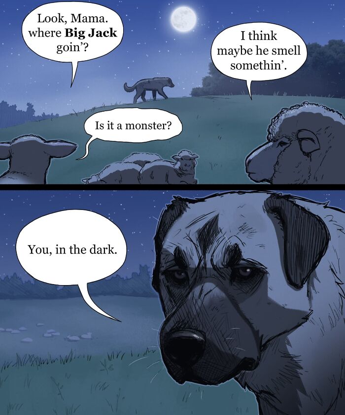 Nighttime comic scene with animals and a dog, capturing humor in pet foolery comics with emotional expressions.