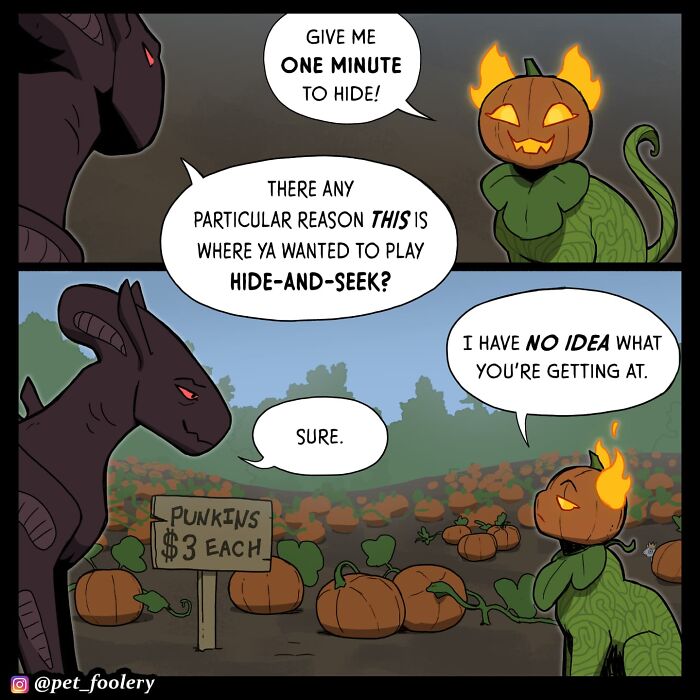 Pet Foolery comic showing a playful pumpkin-headed character and dark creature in a pumpkin patch playing hide-and-seek.