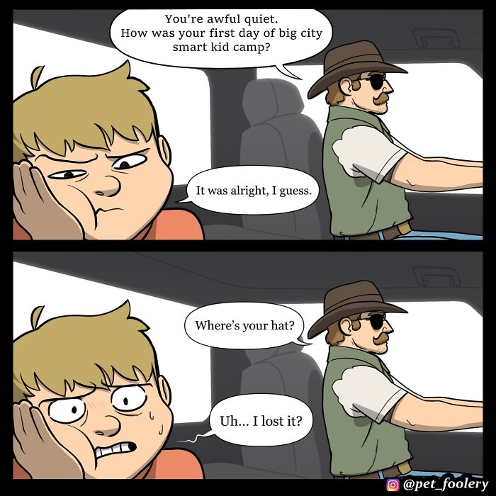 Boy and man in a car discussing the boy’s first day, featured in Pet Foolery comics about relatable pet humor.