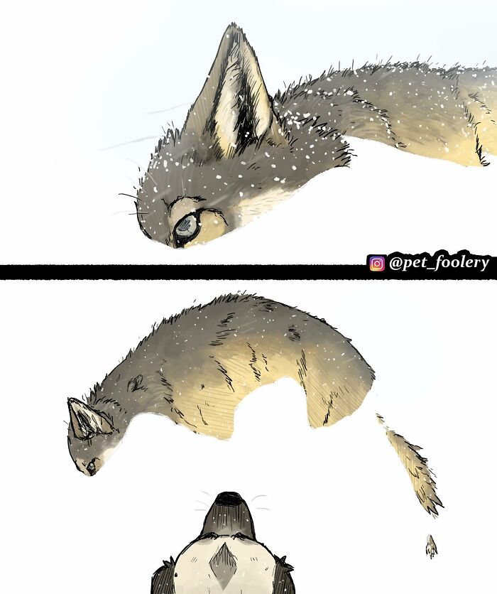 Illustrated comic of a cat and dog in a snowy scene, showcasing Pet Foolery humor and relatable pet moments.