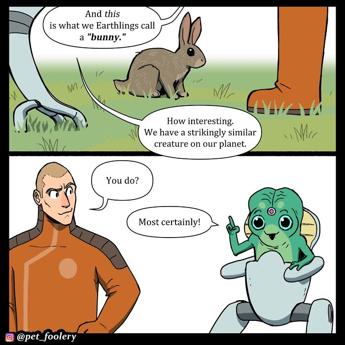Alien and human discussing a bunny in a Pet Foolery comic, showcasing humorous and relatable pet moments.