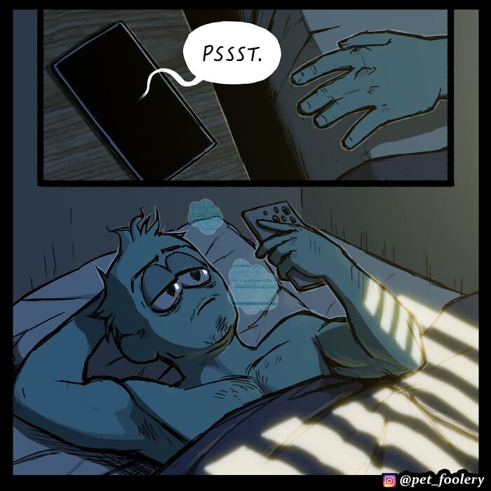 Illustration from pet foolery comics showing a tired man in bed with a phone and a hand reaching for it.