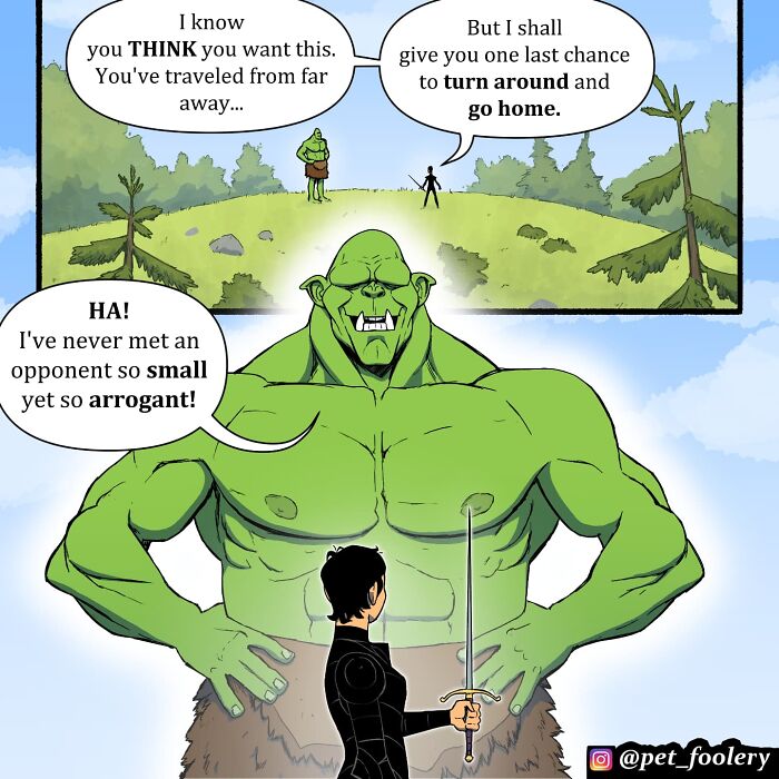 Comic panel featuring a humorous fantasy battle scene illustrating pet foolery with a giant green ogre and a small warrior.