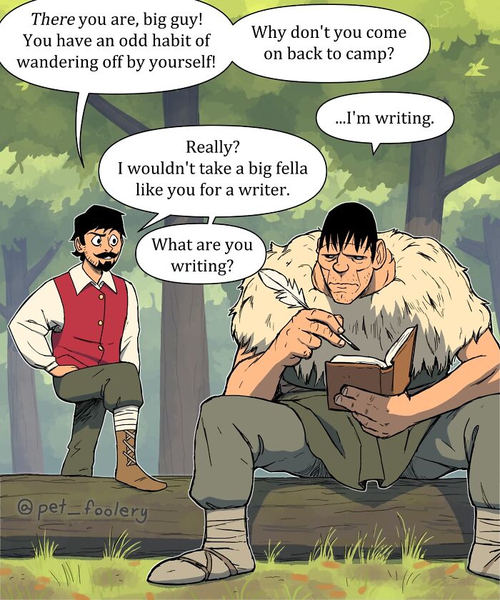 Comic scene from Pet Foolery showing two men in a forest, one writing in a book while the other talks and questions him.