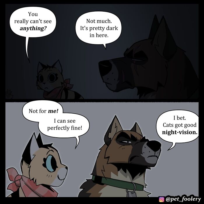 Dark comic panels show a cat and dog discussing visibility and night vision in a humorous pet foolery comic style.