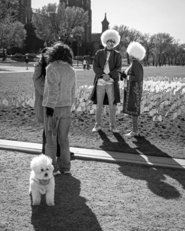 Black and white photograph capturing everyday life with people in unique hats and a small dog in a park setting.