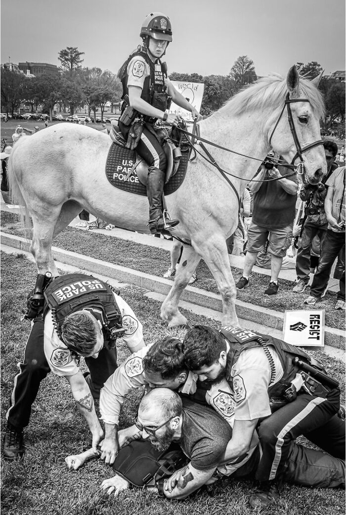 Black and white photograph showing police officers and mounted patrol restraining a man during a public event, capturing hidden poetry.