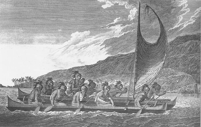 Vintage black and white illustration of islanders rowing a canoe, representing baffling unsolved mysteries at sea.