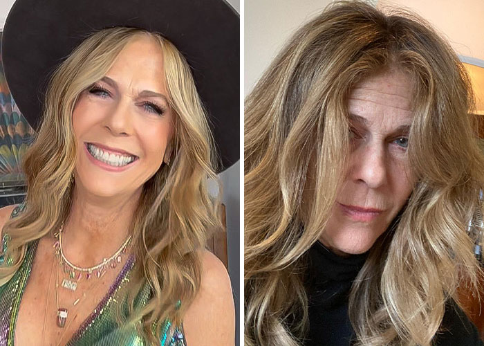 Side-by-side images of a smiling woman with makeup and the same woman without makeup, natural lighting, and no professional camera.