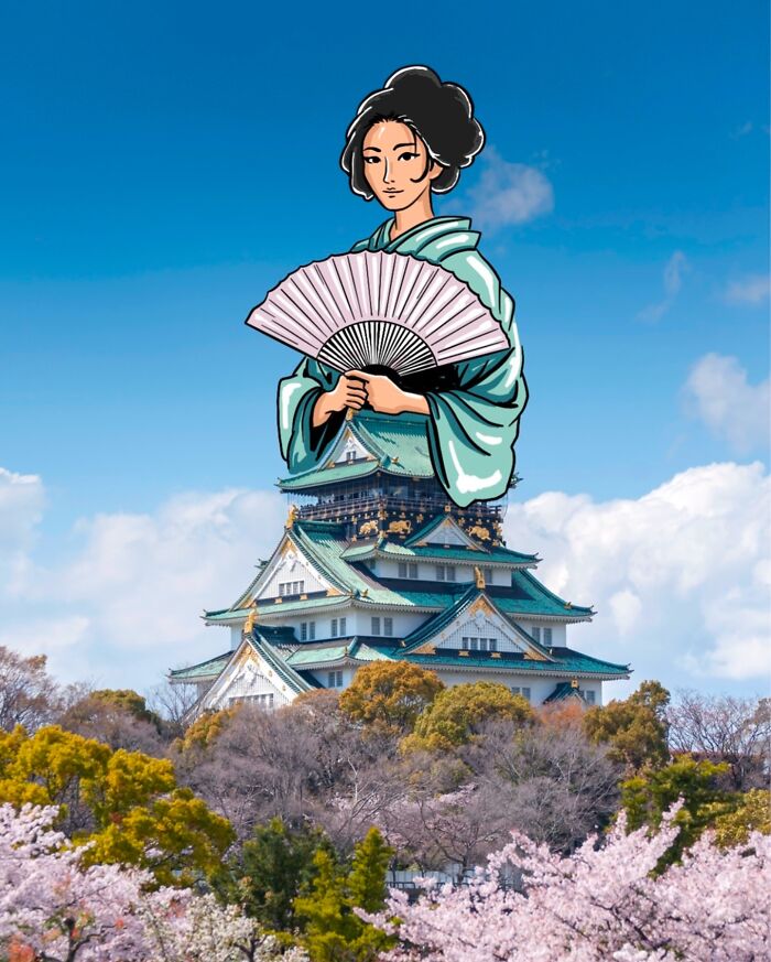 Illustration of a famous character blended with a traditional Japanese castle in a reimagined landscape artwork.