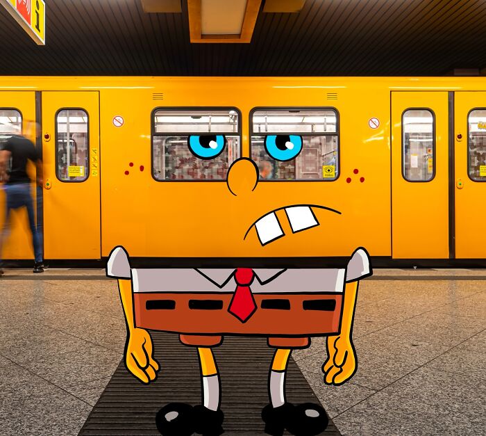 Yellow subway train reimagined as a famous cartoon character in an urban landscape with added everyday objects.