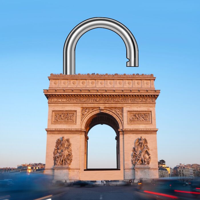 Arc de Triomphe reimagined with a giant unlocked padlock handle, blending famous landmarks and everyday objects.
