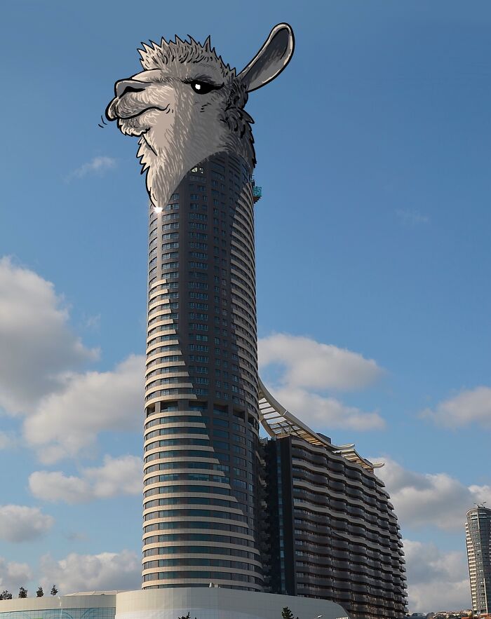 Tall modern building with llama head illustration blending into the landscape by artist reimagining famous characters.