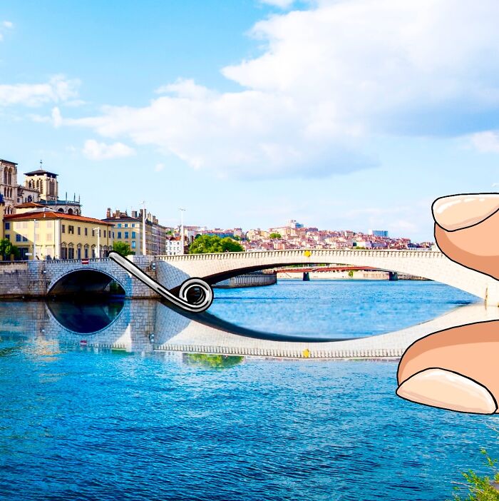 Bridge in a landscape reimagined by an artist, with everyday objects and creative hand-drawn additions.