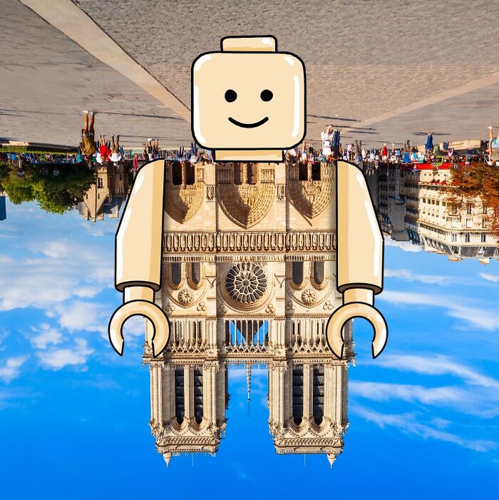 Lego character digitally reimagined into a landscape featuring a famous cathedral as part of creative artwork.