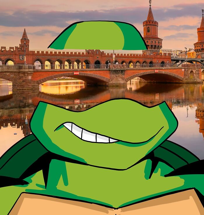 Cartoon character added to a scenic landscape, showcasing artist reimagines landscapes with famous characters and objects.