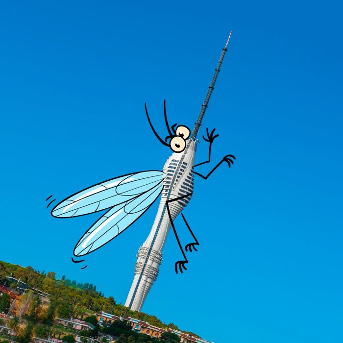Cartoon insect added to tower in a landscape, showcasing artist reimagines landscapes with famous characters and objects.