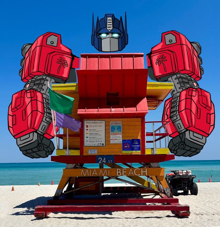 Illustration of a famous character added to a Miami Beach lifeguard tower, reimagining the landscape creatively.