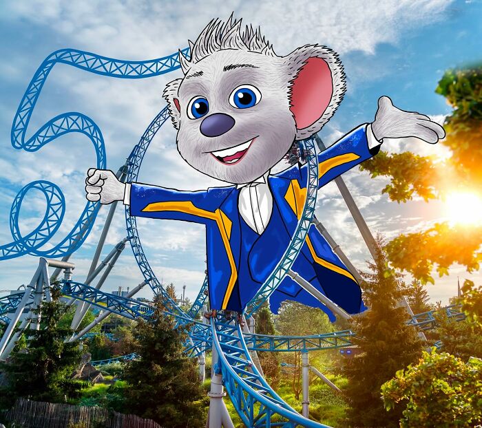 Roller coaster merged with cartoon mouse character in blue jacket, showcasing creative artist reimagined landscapes with famous characters.