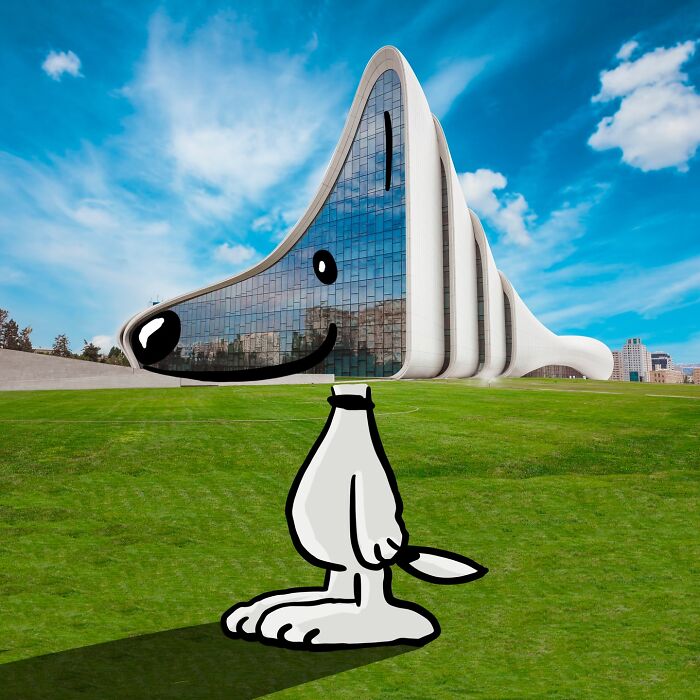 Modern architecture reimagined as a cartoon dog character in a landscape, blending famous characters and everyday objects.