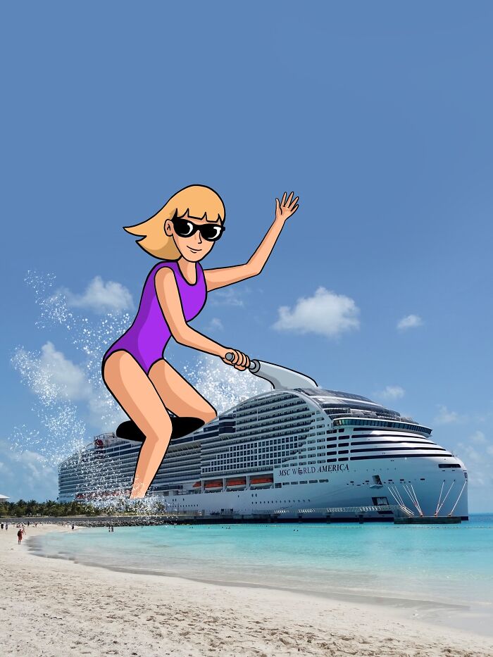 Illustration shows artist reimagining landscapes by adding famous characters water skiing next to a large cruise ship.