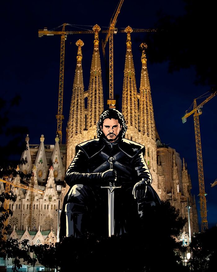 Illustration of famous character seated with sword in front of illuminated landmark, showcasing artist reimagines landscapes concept.