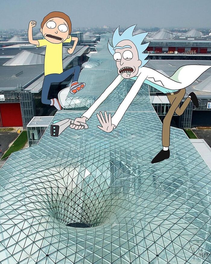 Animated characters Rick and Morty added to reimagined landscape with a futuristic glass structure and a vortex hole.